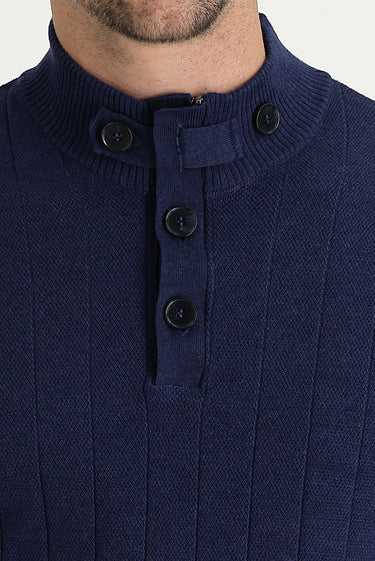 Orta Lacivert Melanj Yarım Balıkçı Yaka Slim Fit Dar Kesim Desenli Pamuklu Triko Kazak