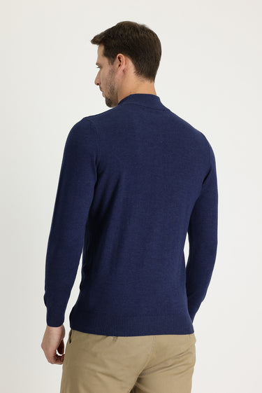 Orta Lacivert Melanj Yarım Balıkçı Yaka Slim Fit Dar Kesim Desenli Pamuklu Triko Kazak