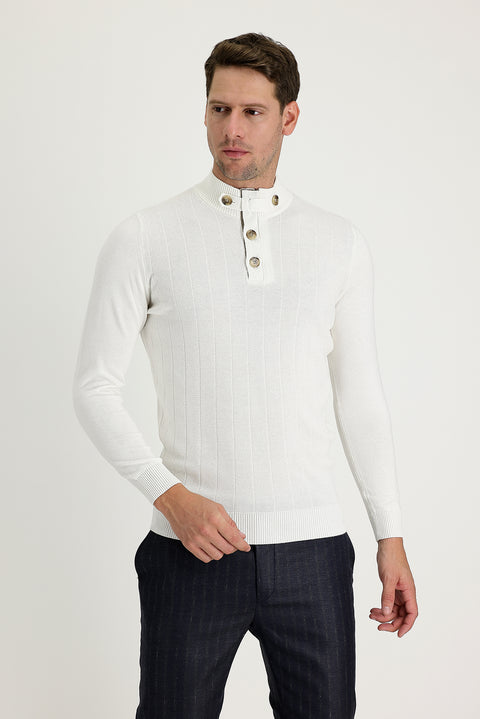 Ekru Yarım Balıkçı Yaka Slim Fit Dar Kesim Desenli Pamuklu Triko Kazak