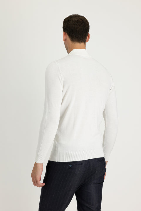 Ekru Yarım Balıkçı Yaka Slim Fit Dar Kesim Desenli Pamuklu Triko Kazak