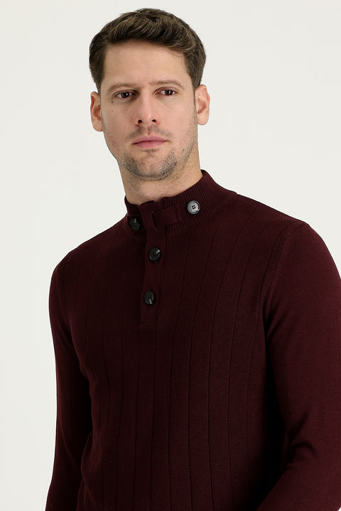 Koyu Bordo Yarım Balıkçı Yaka Slim Fit Dar Kesim Desenli Pamuklu Triko Kazak