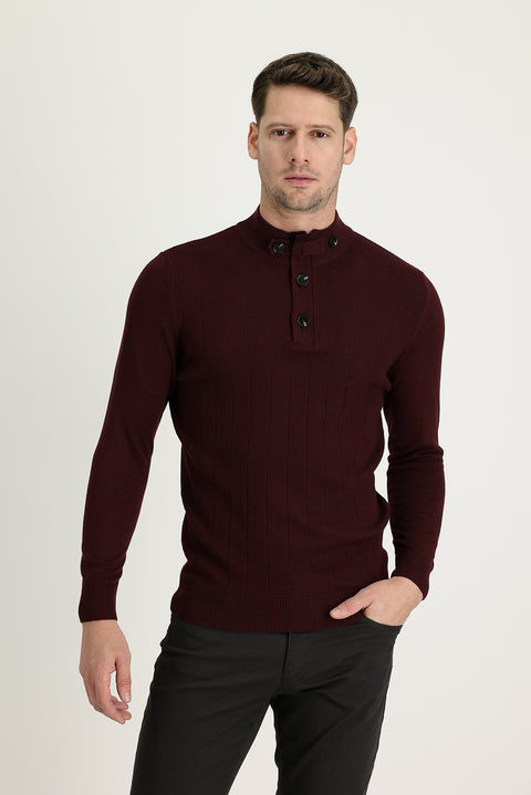 Koyu Bordo Yarım Balıkçı Yaka Slim Fit Dar Kesim Desenli Pamuklu Triko Kazak