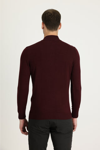  Koyu Bordo Yarım Balıkçı Yaka Slim Fit Dar Kesim Desenli Pamuklu Triko Kazak