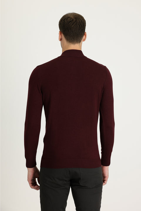 Koyu Bordo Yarım Balıkçı Yaka Slim Fit Dar Kesim Desenli Pamuklu Triko Kazak