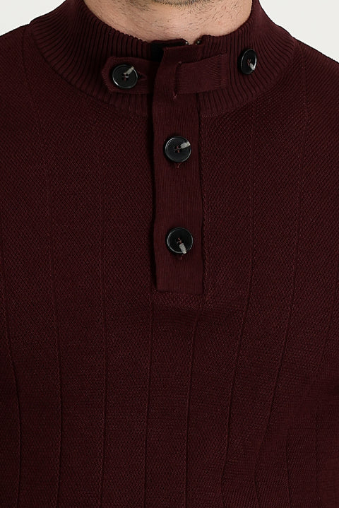 Koyu Bordo Yarım Balıkçı Yaka Slim Fit Dar Kesim Desenli Pamuklu Triko Kazak