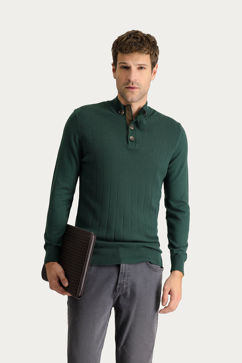 Orman Yeşili Yarım Balıkçı Yaka Slim Fit Dar Kesim Desenli Pamuklu Triko Kazak