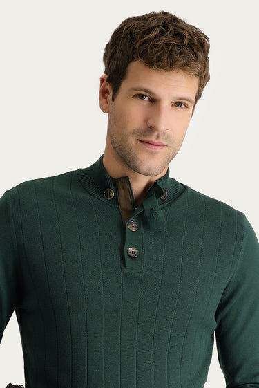 Orman Yeşili Yarım Balıkçı Yaka Slim Fit Dar Kesim Desenli Pamuklu Triko Kazak