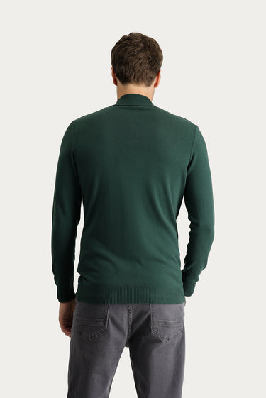 Orman Yeşili Yarım Balıkçı Yaka Slim Fit Dar Kesim Desenli Pamuklu Triko Kazak