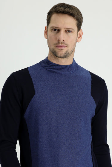  Koyu Lacivert Yarım Balıkçı Yaka Regular Fit Desenli Pamuklu Triko Kazak