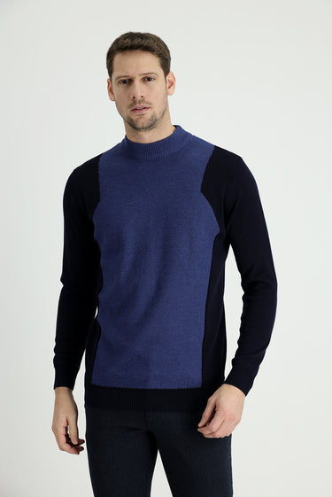  Koyu Lacivert Yarım Balıkçı Yaka Regular Fit Desenli Pamuklu Triko Kazak