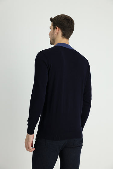  Koyu Lacivert Yarım Balıkçı Yaka Regular Fit Desenli Pamuklu Triko Kazak