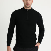 Siyah Yarım Balıkçı Yaka Slim Fit Dar Kesim Fermuarlı Desenli Pamuklu Triko Kazak