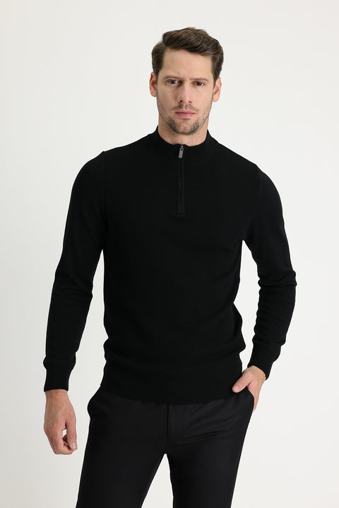 Siyah Yarım Balıkçı Yaka Slim Fit Dar Kesim Fermuarlı Desenli Pamuklu Triko Kazak