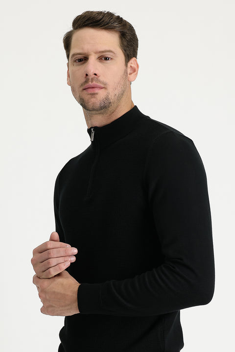 Siyah Yarım Balıkçı Yaka Slim Fit Dar Kesim Fermuarlı Desenli Pamuklu Triko Kazak