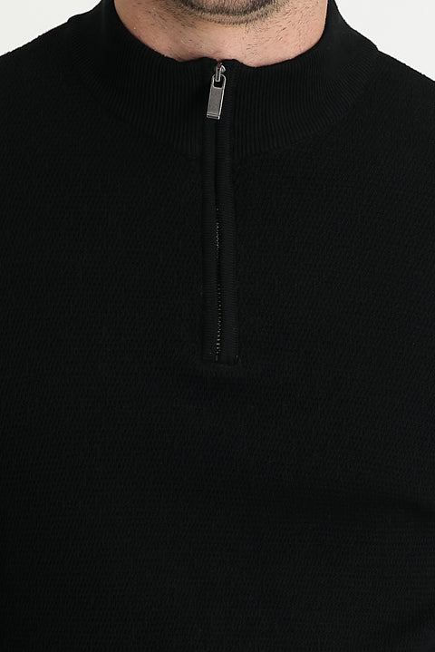 Siyah Yarım Balıkçı Yaka Slim Fit Dar Kesim Fermuarlı Desenli Pamuklu Triko Kazak