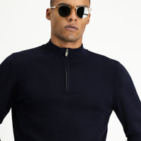Koyu Lacivert Yarım Balıkçı Yaka Slim Fit Dar Kesim Fermuarlı Desenli Pamuklu Triko Kazak
