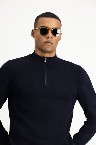  Koyu Lacivert Yarım Balıkçı Yaka Slim Fit Dar Kesim Fermuarlı Desenli Pamuklu Triko Kazak