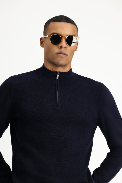 Koyu Lacivert Yarım Balıkçı Yaka Slim Fit Dar Kesim Fermuarlı Desenli Pamuklu Triko Kazak