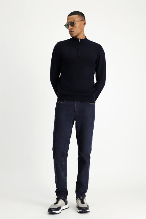 Koyu Lacivert Yarım Balıkçı Yaka Slim Fit Dar Kesim Fermuarlı Desenli Pamuklu Triko Kazak