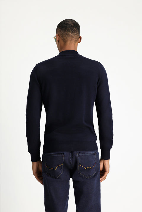 Koyu Lacivert Yarım Balıkçı Yaka Slim Fit Dar Kesim Fermuarlı Desenli Pamuklu Triko Kazak