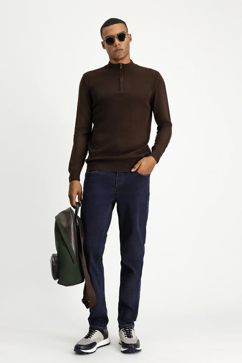 Koyu Kahve Yarım Balıkçı Yaka Slim Fit Dar Kesim Fermuarlı Desenli Pamuklu Triko Kazak