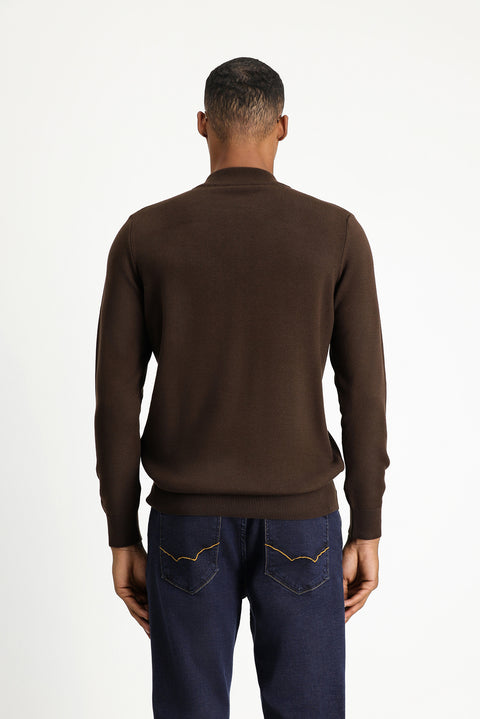 Koyu Kahve Yarım Balıkçı Yaka Slim Fit Dar Kesim Fermuarlı Desenli Pamuklu Triko Kazak