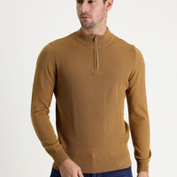 Camel Yarım Balıkçı Yaka Slim Fit Dar Kesim Fermuarlı Desenli Pamuklu Triko Kazak