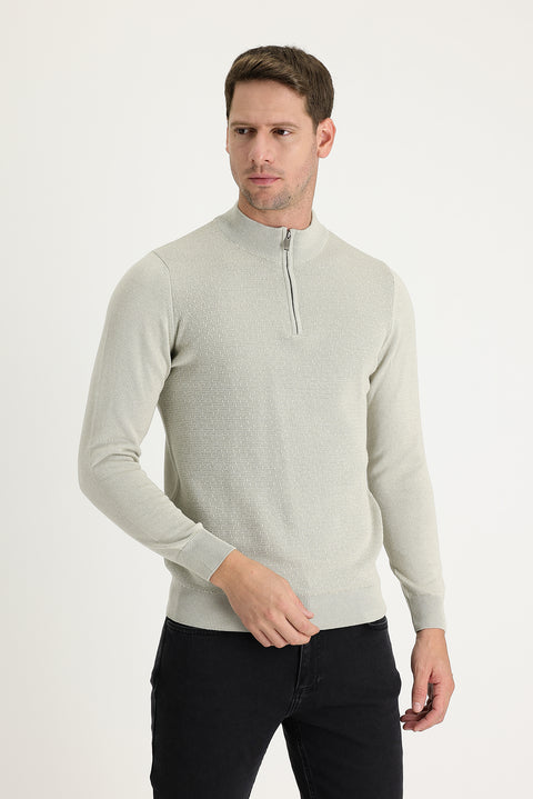 Stone Turtleneck Slim Fit Narrow Cut Zip-Up Patterned Cotton Knit Sweater