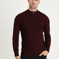 Koyu Bordo Yarım Balıkçı Yaka Slim Fit Dar Kesim Fermuarlı Desenli Pamuklu Triko Kazak