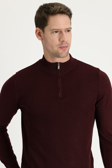  Koyu Bordo Yarım Balıkçı Yaka Slim Fit Dar Kesim Fermuarlı Desenli Pamuklu Triko Kazak
