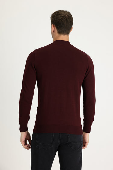  Koyu Bordo Yarım Balıkçı Yaka Slim Fit Dar Kesim Fermuarlı Desenli Pamuklu Triko Kazak