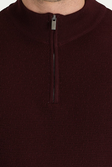  Koyu Bordo Yarım Balıkçı Yaka Slim Fit Dar Kesim Fermuarlı Desenli Pamuklu Triko Kazak