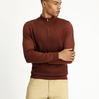 Kiremit Yarım Balıkçı Yaka Slim Fit Dar Kesim Fermuarlı Desenli Pamuklu Triko Kazak