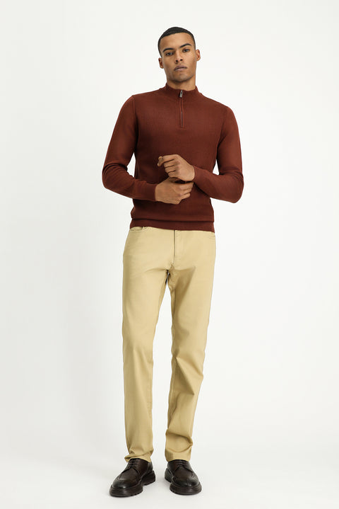 Kiremit Yarım Balıkçı Yaka Slim Fit Dar Kesim Fermuarlı Desenli Pamuklu Triko Kazak