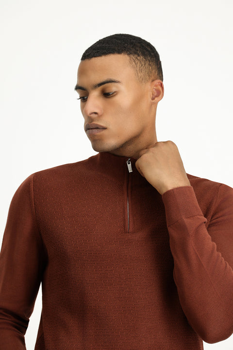 Kiremit Yarım Balıkçı Yaka Slim Fit Dar Kesim Fermuarlı Desenli Pamuklu Triko Kazak