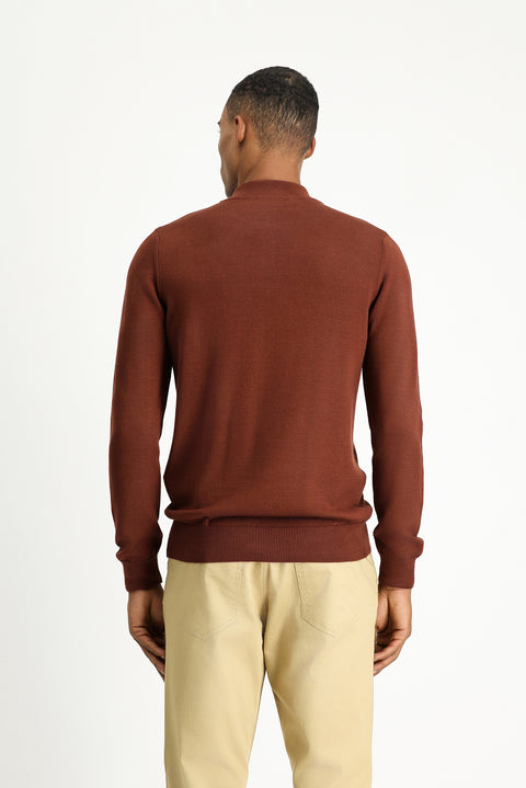 Kiremit Yarım Balıkçı Yaka Slim Fit Dar Kesim Fermuarlı Desenli Pamuklu Triko Kazak