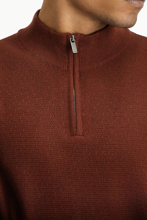 Kiremit Yarım Balıkçı Yaka Slim Fit Dar Kesim Fermuarlı Desenli Pamuklu Triko Kazak