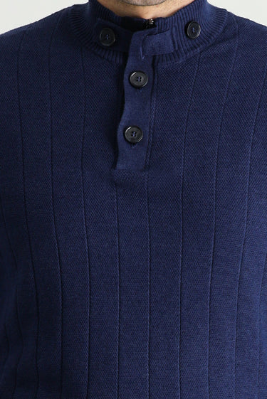 Orta Lacivert Melanj Yarım Balıkçı Yaka Slim Fit Dar Kesim Fermuarlı Desenli Pamuklu Triko Kazak