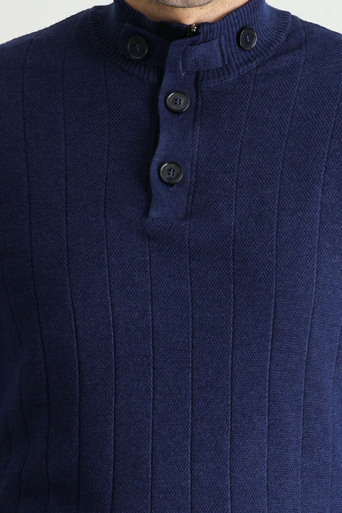 Orta Lacivert Melanj Yarım Balıkçı Yaka Slim Fit Dar Kesim Fermuarlı Desenli Pamuklu Triko Kazak
