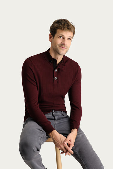  Koyu Bordo Yarım Balıkçı Yaka Slim Fit Dar Kesim Fermuarlı Desenli Pamuklu Triko Kazak