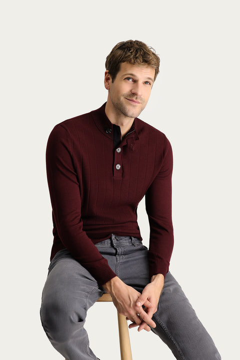Koyu Bordo Yarım Balıkçı Yaka Slim Fit Dar Kesim Fermuarlı Desenli Pamuklu Triko Kazak