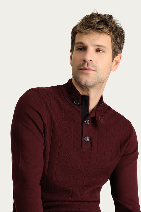 Koyu Bordo Yarım Balıkçı Yaka Slim Fit Dar Kesim Fermuarlı Desenli Pamuklu Triko Kazak