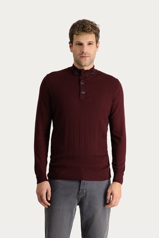  Koyu Bordo Yarım Balıkçı Yaka Slim Fit Dar Kesim Fermuarlı Desenli Pamuklu Triko Kazak
