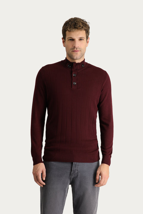 Koyu Bordo Yarım Balıkçı Yaka Slim Fit Dar Kesim Fermuarlı Desenli Pamuklu Triko Kazak