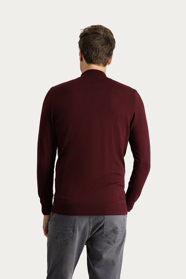  Koyu Bordo Yarım Balıkçı Yaka Slim Fit Dar Kesim Fermuarlı Desenli Pamuklu Triko Kazak