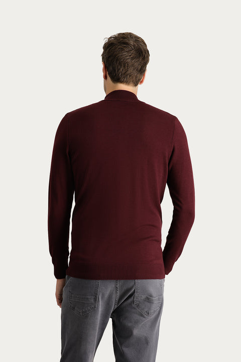 Koyu Bordo Yarım Balıkçı Yaka Slim Fit Dar Kesim Fermuarlı Desenli Pamuklu Triko Kazak