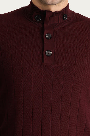 Koyu Bordo Yarım Balıkçı Yaka Slim Fit Dar Kesim Fermuarlı Desenli Pamuklu Triko Kazak