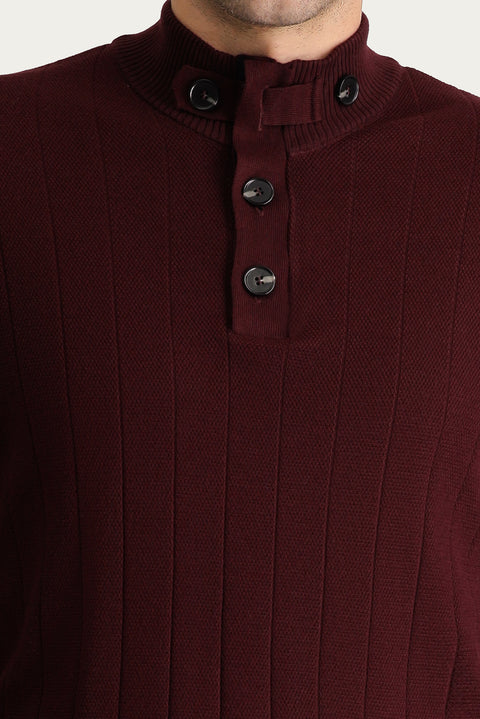Koyu Bordo Yarım Balıkçı Yaka Slim Fit Dar Kesim Fermuarlı Desenli Pamuklu Triko Kazak