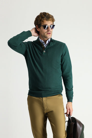 Orman Yeşili Yarım Balıkçı Yaka Slim Fit Dar Kesim Fermuarlı Desenli Pamuklu Triko Kazak