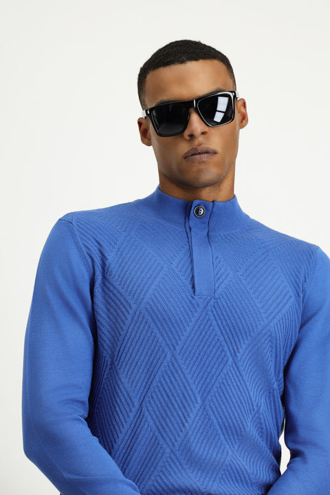 Dark Blue Polo Collar Slim Fit Knit Sweater